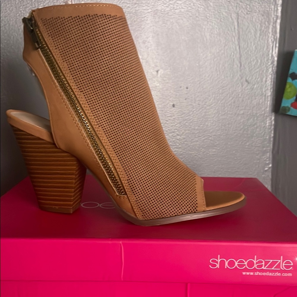 50% off 
Shoe Dazzle Tan Peep-Toe Ankle Booties